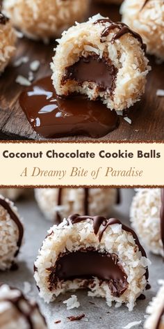 coconut chocolate cookie balls are cut in half and stacked on top of each other