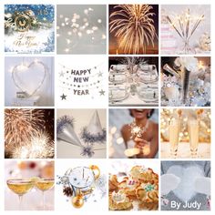 a collage of pictures with champagne and fireworks in them, including new year's eve