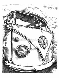 a black and white drawing of a vw bus