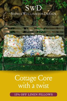 Cottage core with a twist.  15% off all linen pillows.  Shop now at Sophie Williamson Design.  Image shows a variety of ruffled pillows on a charming bench in an outdoor setting. Southern Style Decor, Cottage Pillows, Cottagecore Home Decor, Whimsical Home Decor, Cottagecore Home