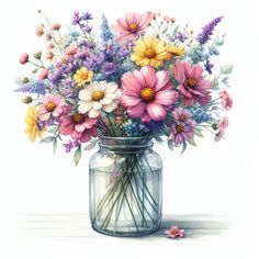 a vase filled with lots of colorful flowers on top of a wooden table next to a white wall