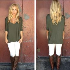 Outfit With Brown Boots, Olive Green Top, Jeans Brown, Green Outfit, Green Top, Basic Tee, Work Outfits, Fall Winter Outfits, Outfits Casuales