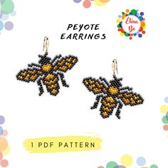 the beaded bee earrings pattern is shown on a white background with multicolored dots