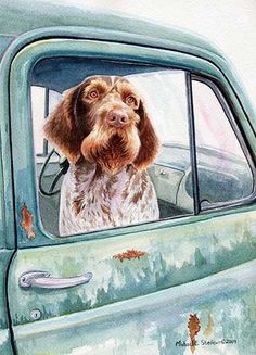 a painting of a dog sitting in the drivers seat of a truck