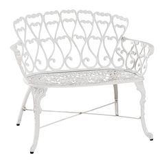 a white metal bench with hearts on it's back and arms, against a white background