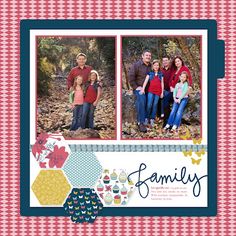 the family is posing for a photo in front of some flowers and leaves on a checkered background