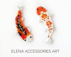 two orange and black koi fish beaded brooches on white background with text that reads, ellena accessories art