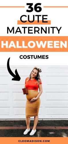 a pregnant woman wearing a red top and brown skirt with text overlay that reads, 35 cute maternity halloween costumes