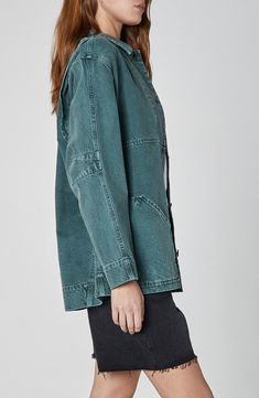 A boxy fit and a plethora of patch pockets lend workwear-inspired style to this denim jacket cast in a unique green wash. 29 1/2" length Front button closure Spread collar Front patch pockets 100% cotton Hand wash, line dry Imported Oversized Washed Denim Utility Jacket, Everyday Washed Utility Jacket, Medium Wash Utility Jacket With Button Closure, Denim Utility Jacket Washed, Denim Utility Jacket Washed Style, Washed Medium Wash Utility Jacket, Everyday Green Utility Jacket With Button Closure, Oversized Green Cotton Utility Jacket, Denim Utility Jacket With Patch Pockets