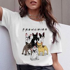 Frenchies Women T-Shirt - White / S - Frenchie Complex Shop Casual White T-shirt With Dog Print, Trendy Crew Neck T-shirt With Dog Print, Summer Dog Print Graphic Tee, Summer Short Sleeve T-shirt With Dog Print, Frenchie Art, Trendy Womens Shirts, Frenchie Lovers, Frenchie Bulldog, Cute French Bulldog