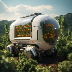 a futuristic vehicle with oranges growing on it's side in the middle of a field