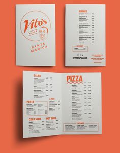 three pizza menus on an orange background with the words vita's in red