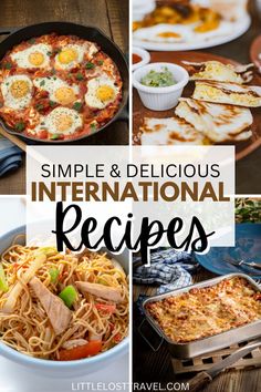 Four images in one pin. Top left of shakshouka, top right of quesadillas, bottom left of chow mein and bottom right of a lasagne for international recipes. Easy International Recipes, Savoury Meals, Recipes To Make At Home, Fermented Veggies, Visual Recipes, Bbc Food, Vegan Soup Recipes, Homemade Beef