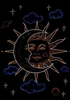 a drawing of the sun and moon with clouds in the sky behind it on a black background