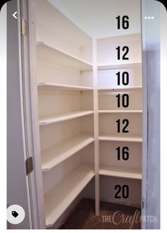 an empty pantry with numbers on the door and shelves labeled in black, white, and gray