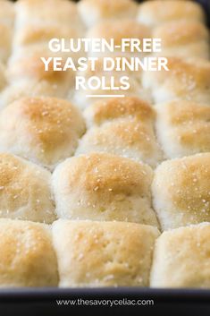 gluten - free yeast rolls in a baking pan with text overlay that reads gluten - free yeast rolls