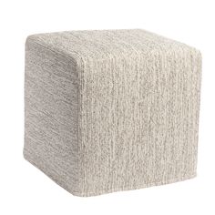 a small square ottoman that is made out of fabric and has a light gray color