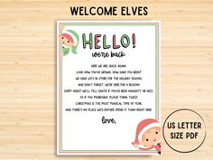 a printable elf themed welcome card with the words hello, we're back