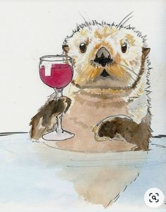 a watercolor painting of an otter holding a glass of wine