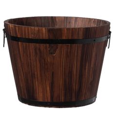 an old wooden bucket with metal straps on the handles and bottom, isolated against a white background