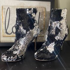 Step Out In Style In These Skip On Sequin Ankle Boots. 3.5 Inch Heel New Without Tags. 5 Inch Heels, In Style, Black Silver, Bootie Boots, Womens Boots, Sequin, Ankle Boots, Women Shoes, Boots