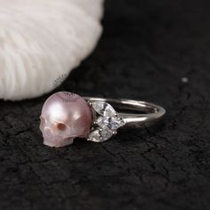 Skull Carved Pearl Ring Handmade Sterling Silver Engagement | Etsy Unique Sterling Silver Pearl Ring For Wedding, Goth Wedding Ring, Heart Diamond Engagement Ring, Carved Pearl, Dark Jewelry, Wedding Mementos, Goth Wedding, Silver Engagement Ring, Magical Jewelry