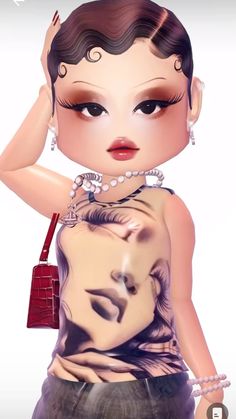 an animated image of a woman wearing pearls and holding a red purse with her hand on her head