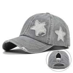 Flashing star baseball hat washed old hat women's hat Grey-Adjustable Y2k Hat, Ponytail Baseball Cap, Distressed Baseball Cap, Hippie Top, Gray Cap, Stylish Caps, Ponytail Hat, Star Embroidery, Womens Baseball Cap