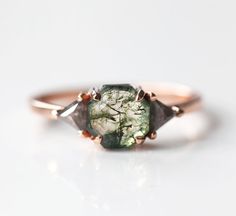 Engagement Rings Moss, Engagement Rings Moss Agate, Agate Wedding Ring, Hexagonal Ring, Agate Wedding, Pepper Diamond Ring, Salt Pepper Diamond, Green Gemstone Ring, Agate Engagement Ring