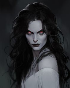 a woman with dark hair and red eyes is staring at the camera while wearing vampire makeup