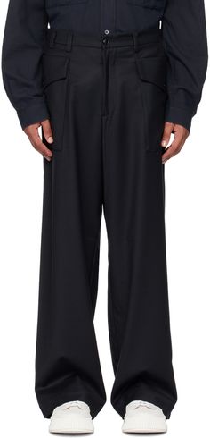 Wide-leg stretch virgin wool flannel trousers. · Mid-rise · Belt loops · Adjustable button tabs at waist · Zip-fly · Flap and patch pocket at outseams Supplier color: Navy Formal Wide Leg Bottoms With Patch Pockets, Wool Wide-leg Pants With Pockets, Wide-leg Business Pants, Wool Wide Leg Dress Pants With Pockets, Wool Pants With Pockets And Tapered Leg, Business Wide-leg Bottoms With Side Pockets, Business Wide-leg Pants With Pockets, Business Wide Leg Pants With Straight Hem And Pockets, Wool Bottoms With Pockets For Business Casual