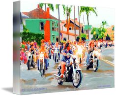 a group of people riding motorcycles down a street with palm trees in the back ground