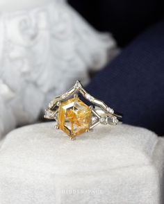 A one-of-a-kind hexagon rutilated quartz on the Ethereal Ring, paired with Little Tiara #hiddenspace #uniqueengagementring #diamondalternative #weddingringset #stackingring #finejewelry #rutilatedquartz Rutilated Quartz, Unique Engagement Rings, Wedding Ring Sets, Stacking Rings, Fine Jewelry