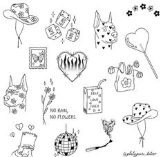 a drawing of various items that are drawn in black ink on white paper with the words no rain, no flowers