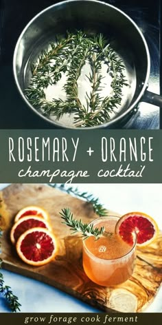 rosemary and orange champagne cocktail in a silver bowl next to a cutting board with grapefruit