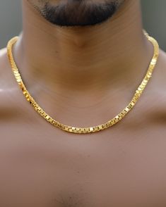 --- Crafted in GUARANTEED HIGH-QUALITY 18-Karat GOLD -- Pure Gold Material, Not Gold-Filled or Plated --- At a 3.00 millimeter thickness this chain is available in 18" to 22" lengths. 18 inches - 3 mm : 11.79 gr (grams weight) 20 inches - 3 mm : 13.10 gr 22 inches - 3 mm : 14.42 gr Closure: Lobster Claw ( Strong and Durable ) Chain style: Box Chain - 18K Yellow Gold Please feel free to message me for any custom sizing! * A gold Box chain necklace is an accessory that instantly takes your style t Mens Gold Chain Necklace Style, Men’s Gold Chain, Mens Chain Designs, Neck Chain For Men, Man Gold Bracelet Design, Mens Gold Chain Necklace, Gold Chain Men, Gold Neck Chain, Mens Ring Designs