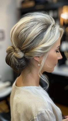 19 Elegant Updos for Older Women: Timeless Styles for Every Occasion | Lookosm Grandma Updo Wedding, Mom Updos For Wedding, Low Bun Wedding Updo, Updo For Round Face Shape, Wedding Hairstyles Updo Elegant, Mid Length Updo, Mother Of The Groom Updos, Updos For Straight Hair