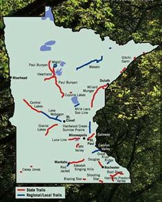 a map of the state of minnesota with roads and parks marked in red, blue, and green