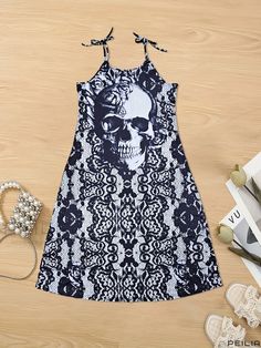 Peilia - Stylish Plus Size Gothic Summer Maxi Dress - Womens Skull & Floral Print Cami Dress with Medium Stretch and Round Neckline White Gothic Summer Dress, Black Halloween Beach Dresses, Sleeveless Skull Print Party Dress, Sleeveless Summer Dresses With Skull Print, Black Skull Print Dress For Summer, Summer Black Dress With Skull Print, Black Skull Print Summer Dress, Casual Skull Print Dresses For Spring, Casual Skull Print Spring Dresses