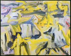 an abstract painting with yellow and blue colors