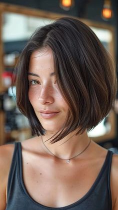 Bob Hairstyles Long Front Short Back, Bob Hair Styles For Round Face, Bob Deep Side Part, Sleek Chin Length Bob, Short Hair Mid Size Woman, Chin Length Bob Square Face, Short Haircut With Face Framing, Short Bob Hairstyles For Round Faces, Short Hair Styles Asian