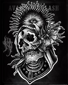 a black and white drawing of a skull with sunflowers on its head, in front of a dark background