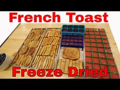 french toast and freeze dried blueberries on a wooden table with text overlaying it