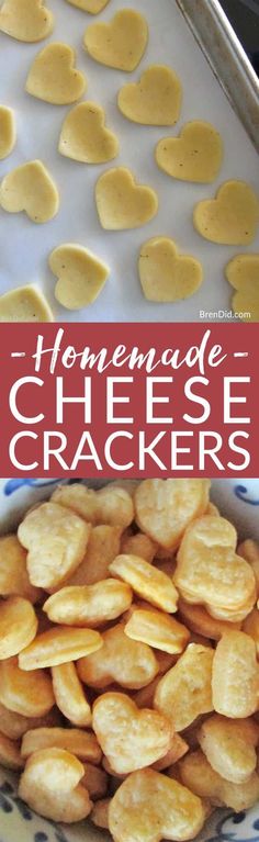 homemade cheese crackers in a bowl on top of a baking sheet with text overlay