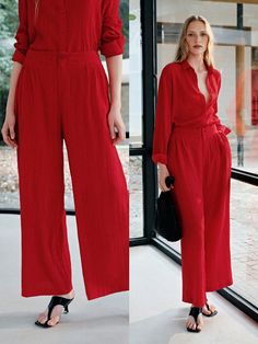 TEXTURED WIDE LEG PANTS Red Casual   Polyester Plain Wide Leg Non-Stretch  Women Clothing, size features are:Bust: ,Length: ,Sleeve Length: Red Wide Leg Pants Outfit, Red Pants Outfit Work, Red Pants Outfit, Pants Outfit Work, Red Wide Leg Pants, Wide Leg Pants Outfit, Leg Pants Outfit, Outfit Work, Red Pants