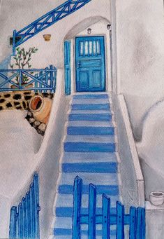 a drawing of a staircase leading to a blue door