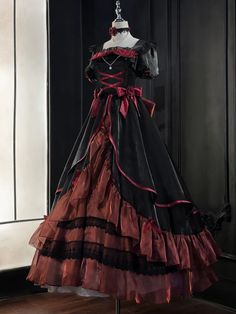 Vampire Dress Victorian, Goth Victorian Dress, Gothic Dress Elegant, Red Princess Dress, Black Victorian Dress, Dress With Choker, Satin Ruffle Dress, Red And Black Top, Red And Black Dress