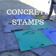 a man standing on top of a sidewalk next to some blue and green mats with the words, concrete stamps