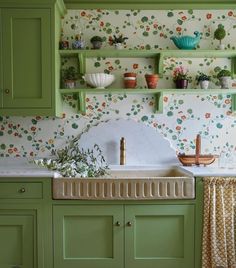 a kitchen with green cabinets and floral wallpaper on the walls, along with potted plants