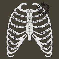 a skeleton with the words written on it's chest and an arrow in its ribcage